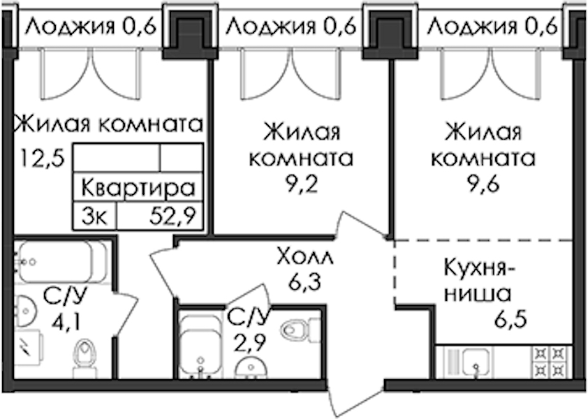 2-комнатная квартира 52.9 м², 8/9 эт., ЖК «Лермонтовский 54»